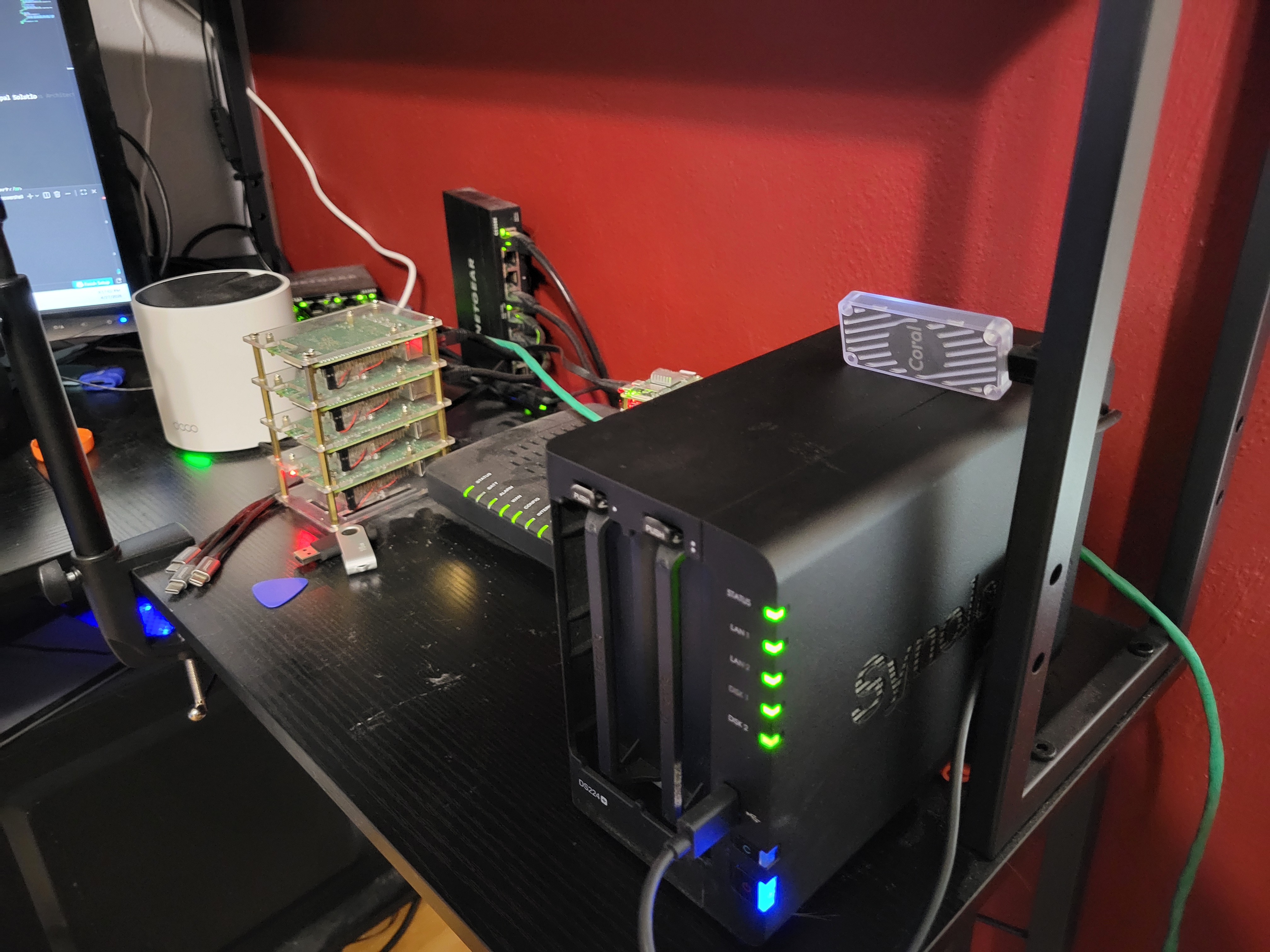 Synology NAS, Raspberry Pi stack, Coral TPU, and network switch