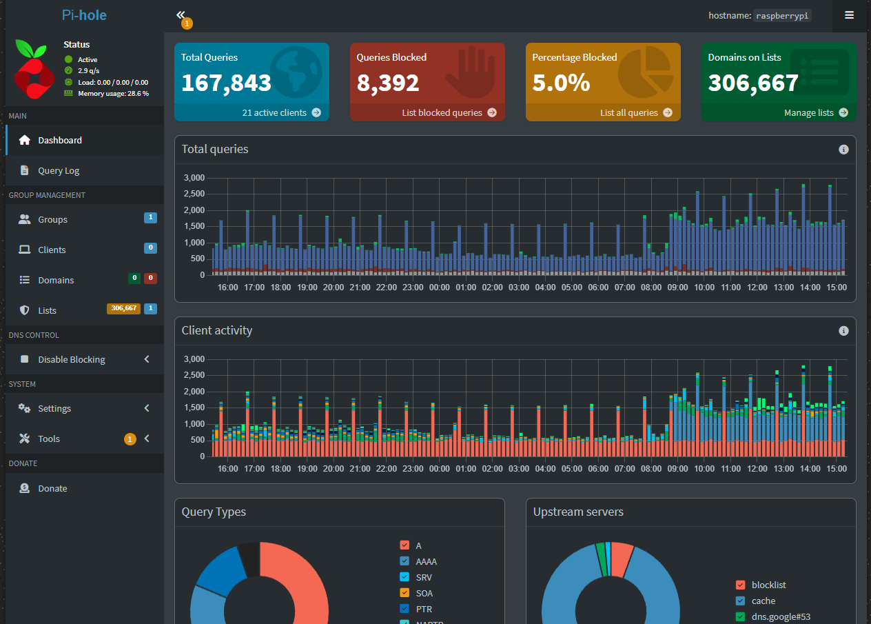 Pi-hole dashboard showing 167,843 total queries with 5% blocked